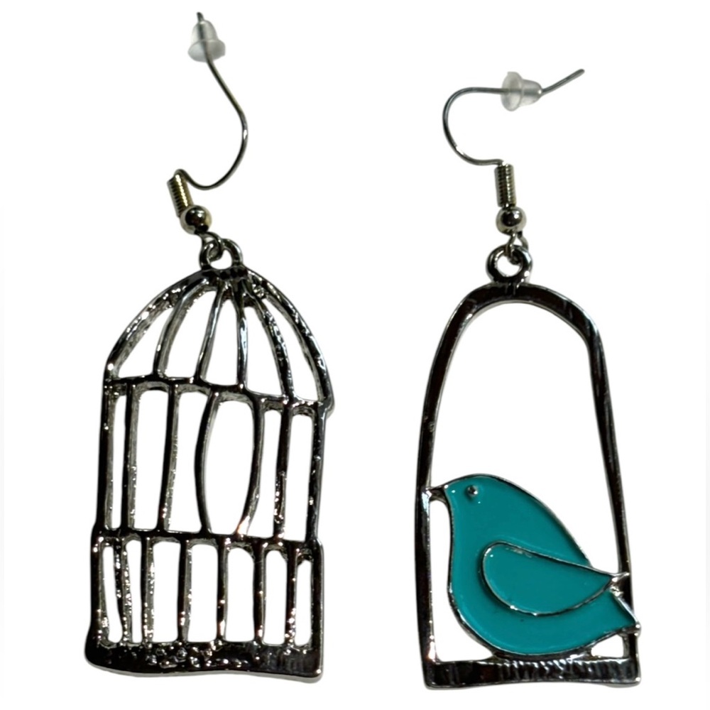 NEW•Silver/Turquoise Enamel asymmetrical  Bird Cage Earrings